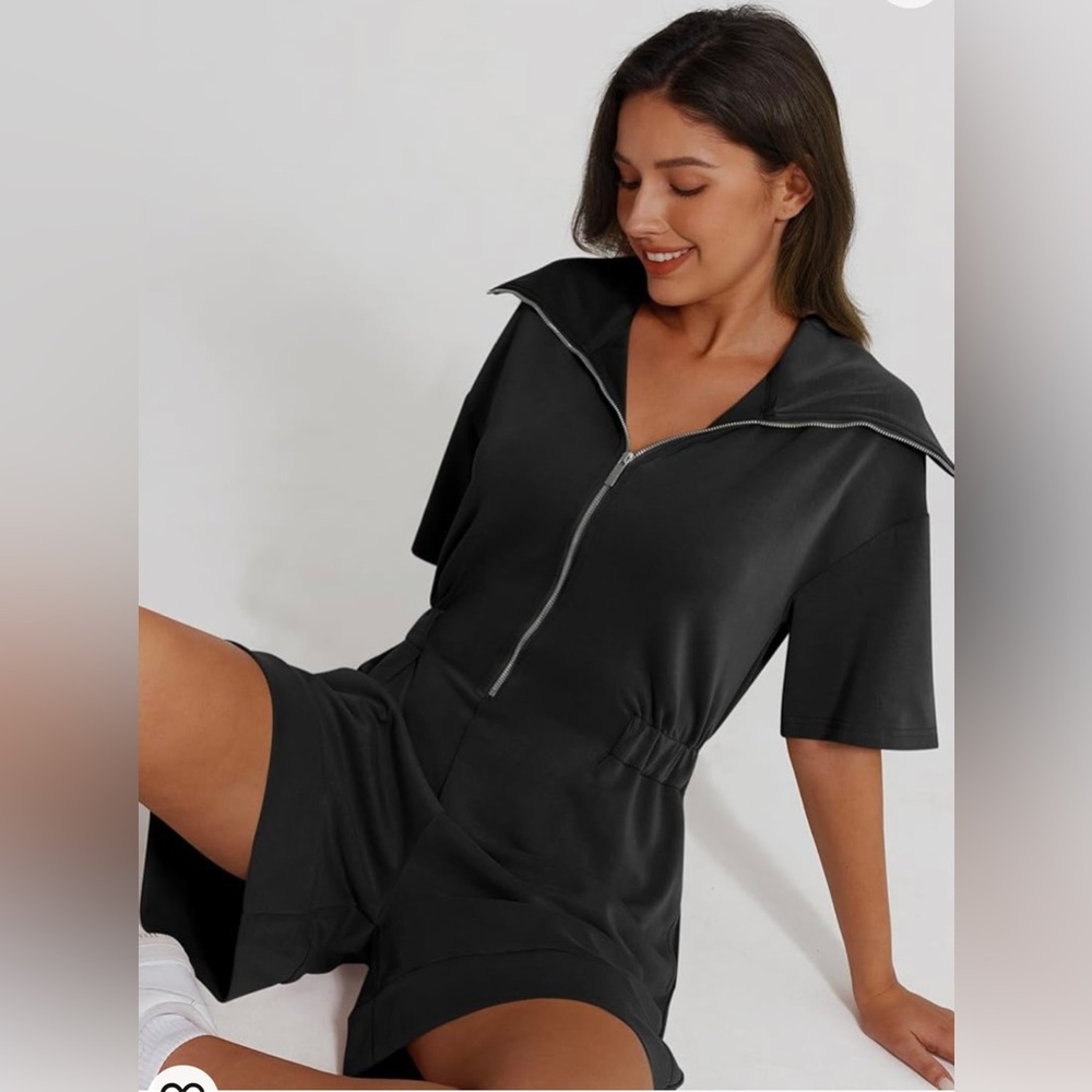 Short Sleeve Rompers Loose Half Zip One
Piece Short Overalls Pockets Fall Outfit